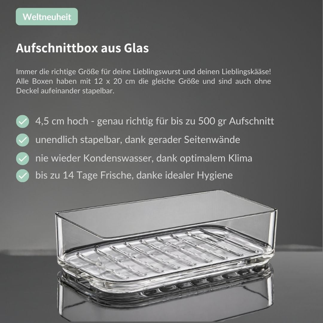 SmacoGlas Aufschnittbox aus Glas, Größe M, perfekt für frischen Käse am Stück oder 500 Gramm Aufschnitt