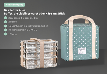 SmacoGlas® All-inclusive Set XS/S - stapelbare Aufschnittbox inkl. Tasche aus Glas mit 25 % Rabatt